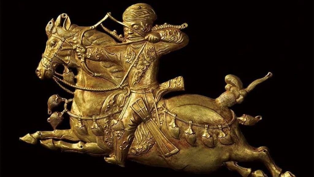 A golden plaque depicting a Turkic warrior from the Gokturk period (6th or 7th century)