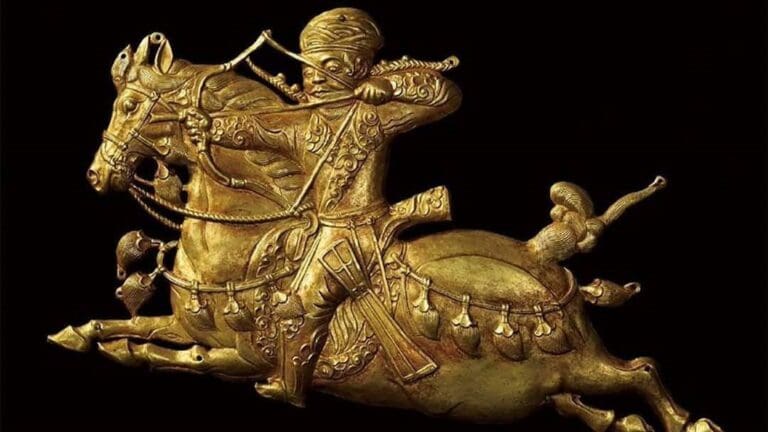 A golden plaque depicting a Turkic warrior from the Gokturk period (6th or 7th century)