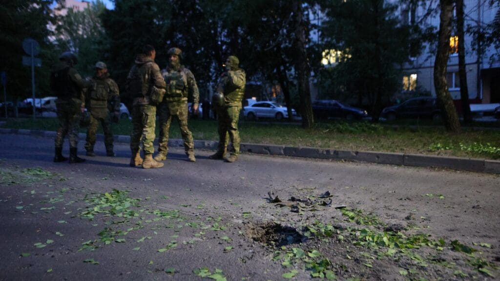 A view shows aftermath of recent shelling, what local officials called a Ukrainian military strike, in Belgorod on 11 May 2024.