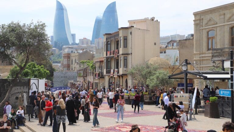 Carpets are laid on the streets of the historical Icerisehir within the scope of the National Carpet Festival organized for the first time by the Icerisehir State Grove Administration in Baku, Azerbaijan on May 04, 2024.