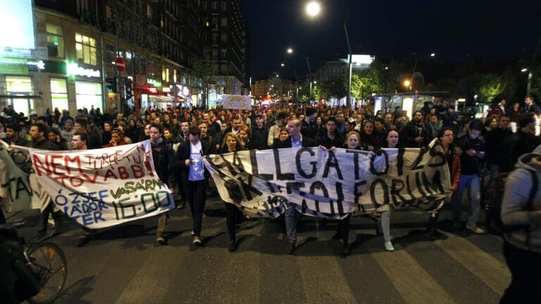ELTE students march in protest of higher education reform plans on 20 April 2015 in Budapest.