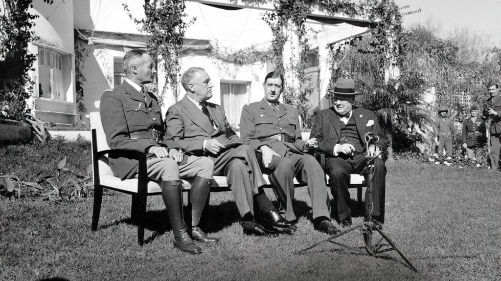 Casablanca Conference. General Henri Honoré Giraud, President Franklin D. Roosevelt, General Charles de Gaulle, and Winston Churchill (from the left to the right). Casablanca, Morocco, January 1943