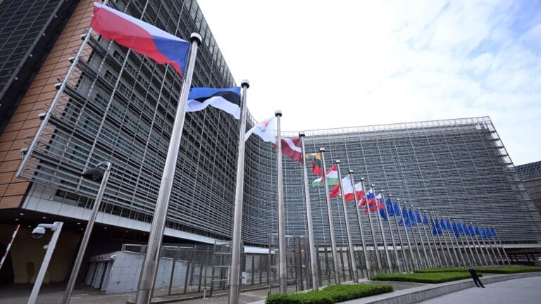 The flags of the ten countries, including Hungary, that joined the EU in the course of the largest enlargement of its history on 1 May 2004, hoisted at the Berlaymont building of the European Commission in Brussels on 30 April 2024.