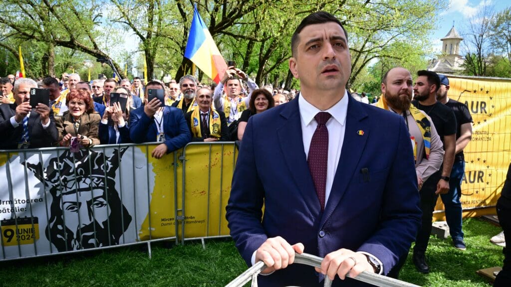George Simion, the leader of the Alliance for the Unity of Romanians (AUR) party takes part in a rally to promote their candidates for the EU elections in Târgoviște on 7 April 2024.