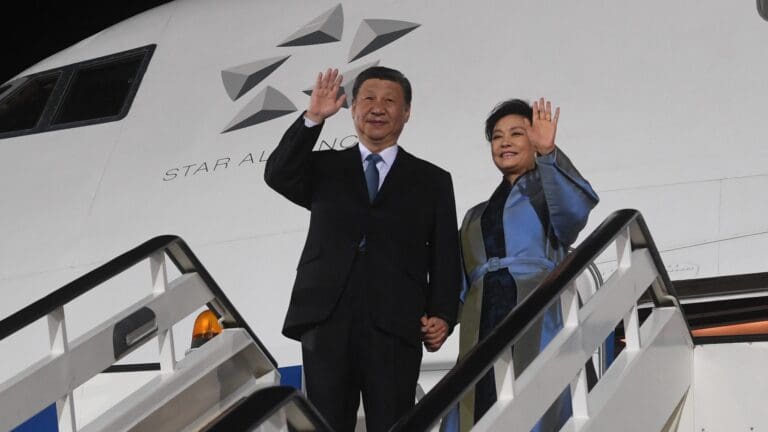 Chinese President Xi Jinping and his wife arrive at the Nikola Tesla Airport in Belgrade for an official visit to Serbia on 7 May 2024.