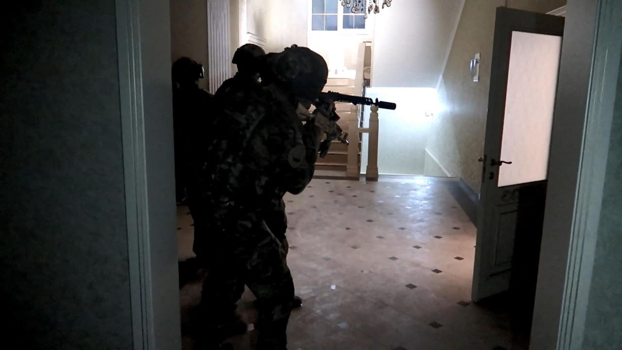 Special police in action after more than 15 police officers were killed in an armed attack against a Makhachkala checkpoint in Dagestan, Russia on 24 June 2024.