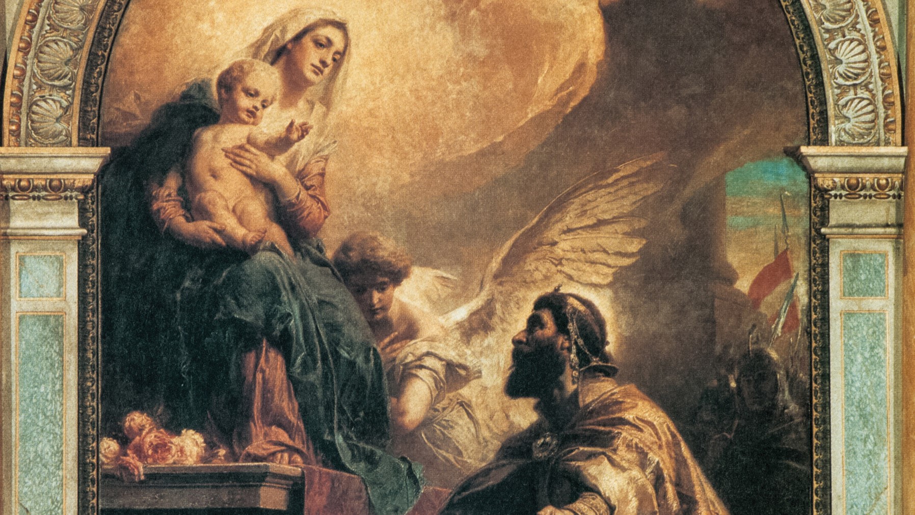 Gyula Benczúr, Saint Stephen Offering the Hungarian Crown to the Virgin Mary (1901). Altarpiece of the Saint Stephen Basilica, Budapest, Hungary