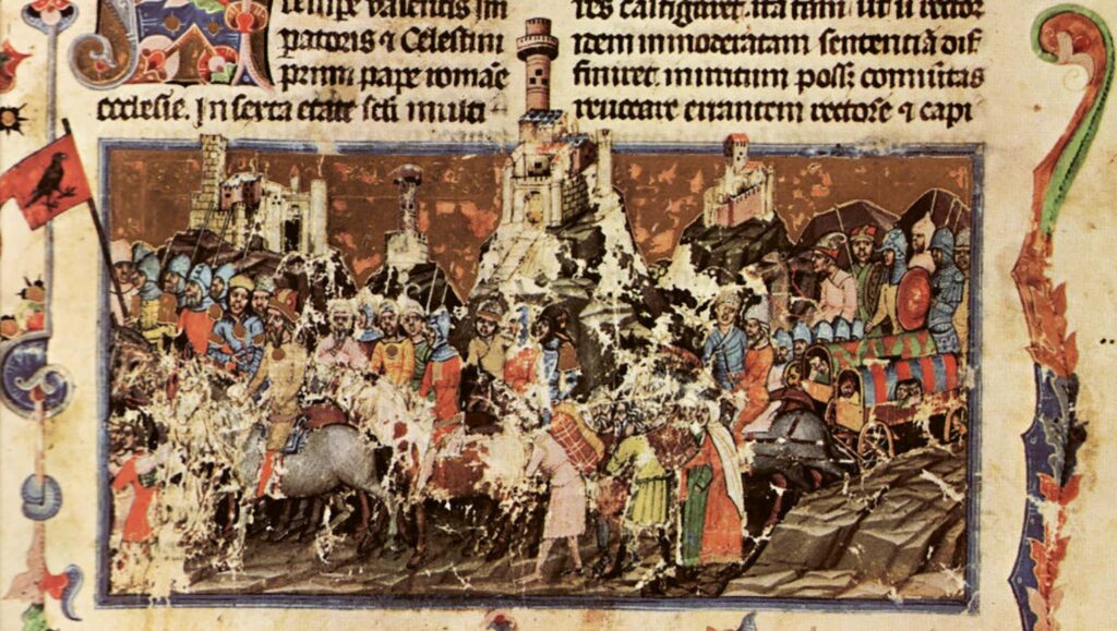 Mark of Kalt, Chronicon Pictum - The First Arrival of the Hungarians in Pannonia (ca. 1360, page 7). National Széchényi Library, Budapest, Hungary