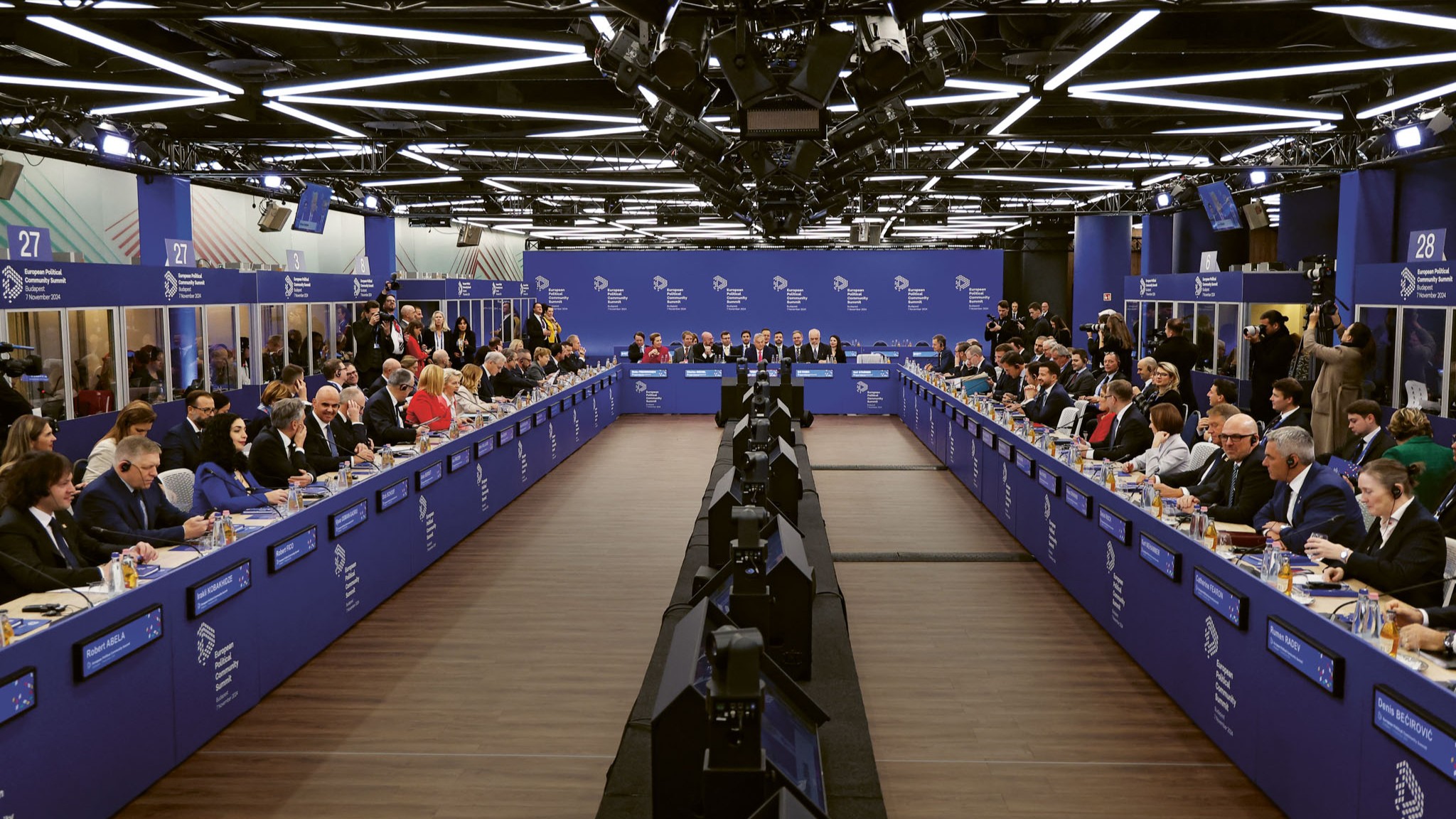 The opening plenary session presided by Hungary’s Prime Minister Viktor Orbán (back centre) at the European Political Community Summit in Budapest, 7 November 2024