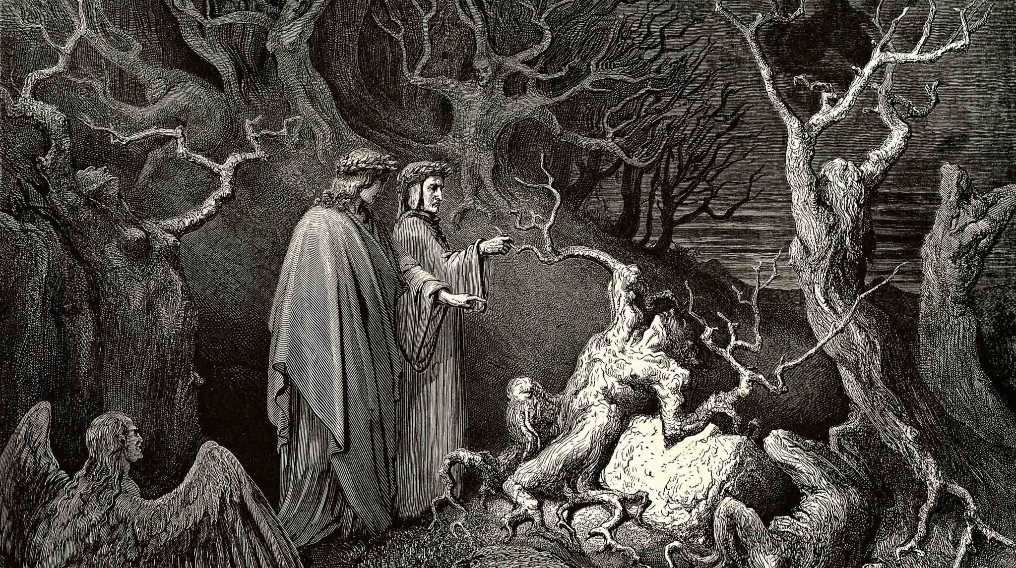 Gustave Doré's illustration of Inferno, Canto 13 (ca. 1866). Dante and Virgilius meet Pietro della Vigna in the Wood of the Self-Murderers