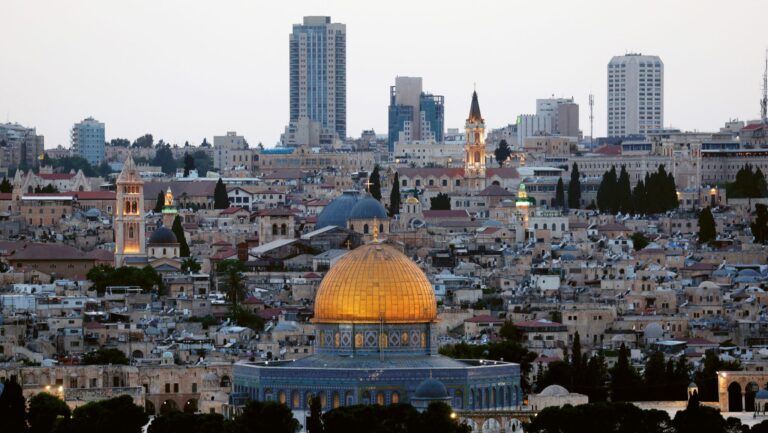 View from the Mount of Olives of Jerusalem’s Old City with the Muslim Dome of the Rock Mosque (C) and the Christian Church of the Holy Sepulchre (C behind), Jerusalem, Israel, 17 May 2025