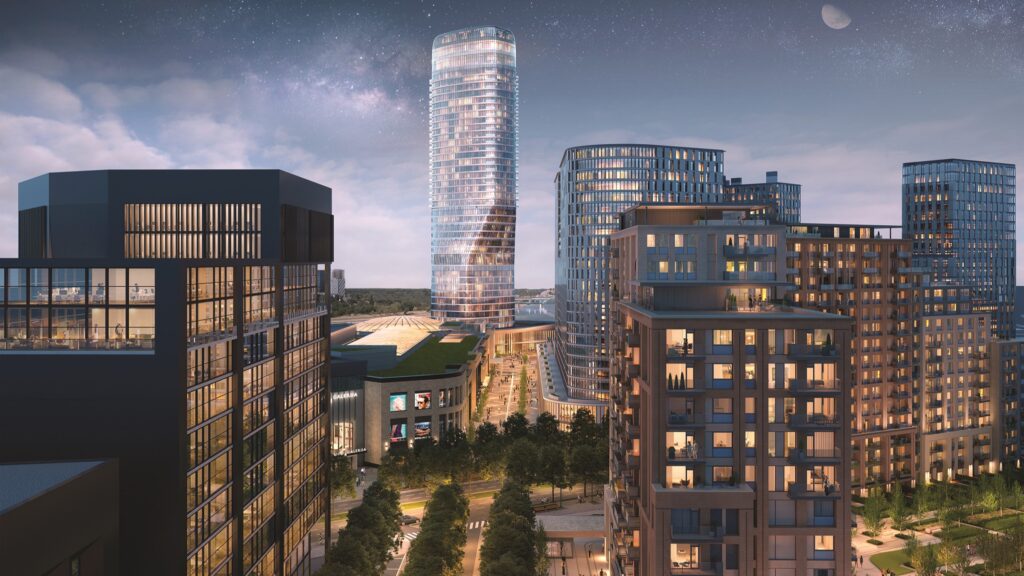 Architectural visualization of BW Libera building, with Kula Belgrade and Galerija Belgrade Shopping center in the background