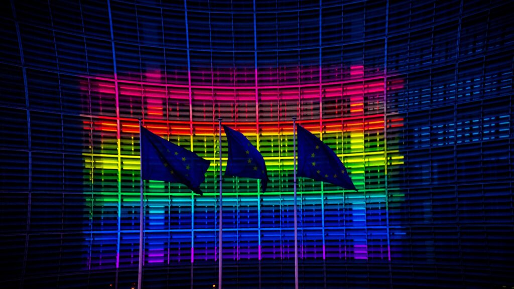 European Commission headquarters lit up in the colours of the rainbow flag to support International Day Against LGBT in Brussels, Belgium on May 16, 2020