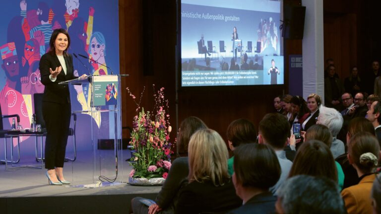 Federal Minister for Foreign Affairs Annalena Baerbock gives a speech at the presentation of the Guidelines on Feminist Foreign Policy in the Weltsaal of the Federal Foreign Office in Berlin, Germany, 1 March 2023