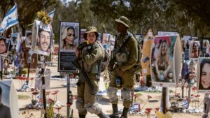 Israeli soldiers patrol the Nova Music Festival Memorial, honouring victims of the 7 October 2023 Hamas attack. Kibbutz Reim, Eshkol Regional Council, Israel, 30 March 2025