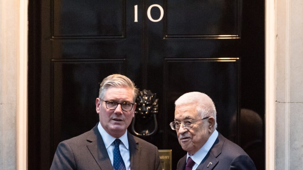 British Prime Minister Keir Starmer (L) welcomes President of the Palestinian Authority Mahmoud Abbas outside 10 Downing Street ahead of their meeting in London, United Kingdom on September 08, 2025