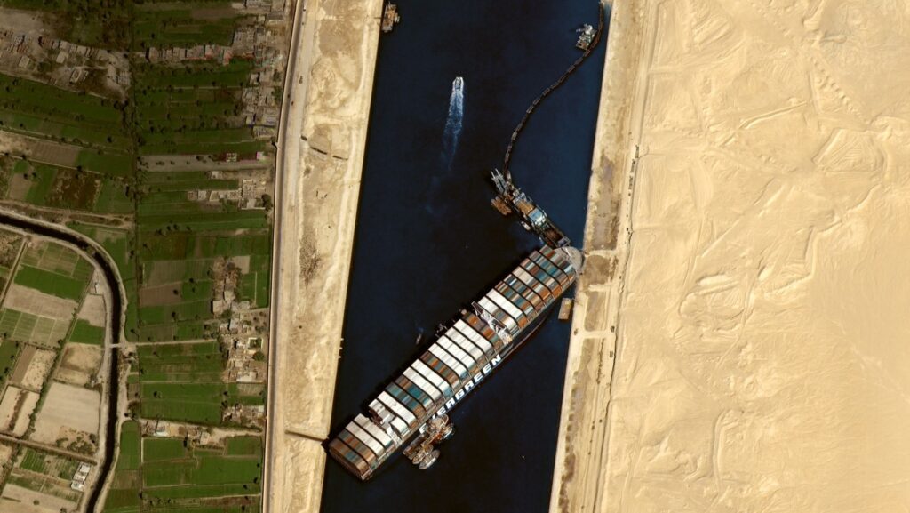 Photo taken by Gokturk-1 observation satellite showing the stuck container ship Ever Given in the Suez Canal in Egypt on 27 March 2021
