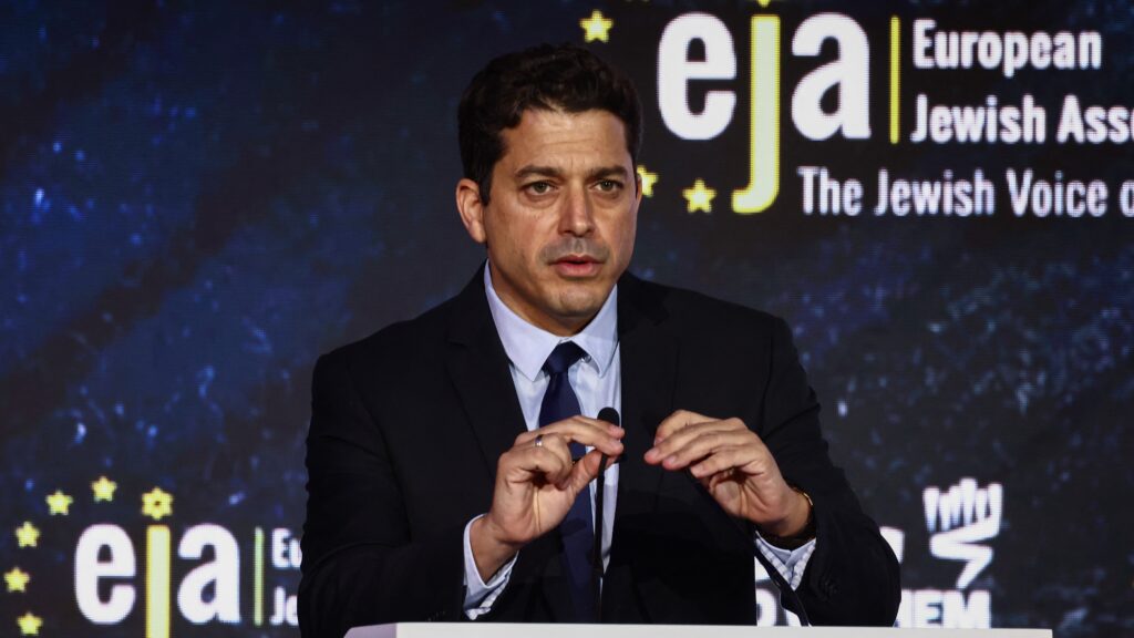 Amichai Chikli, Minister of Diaspora Affairs and Combating Antisemitism of the State of Israel, speaks during a symposium on fighting antisemitism titled 'Never Again : Lip Service or Deep Conversation' at DoubleTree by Hilton Hotel And Convention Center in Krakow, Poland on January 22nd, 2024. T