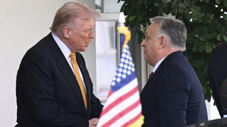 (L/R) US President Donald Trump greets Hungarian Prime Minister Viktor Orban outside the West Wing of the White House in Washington, DC on November 7, 2025. (Photo by SAUL LOEB / AFP)