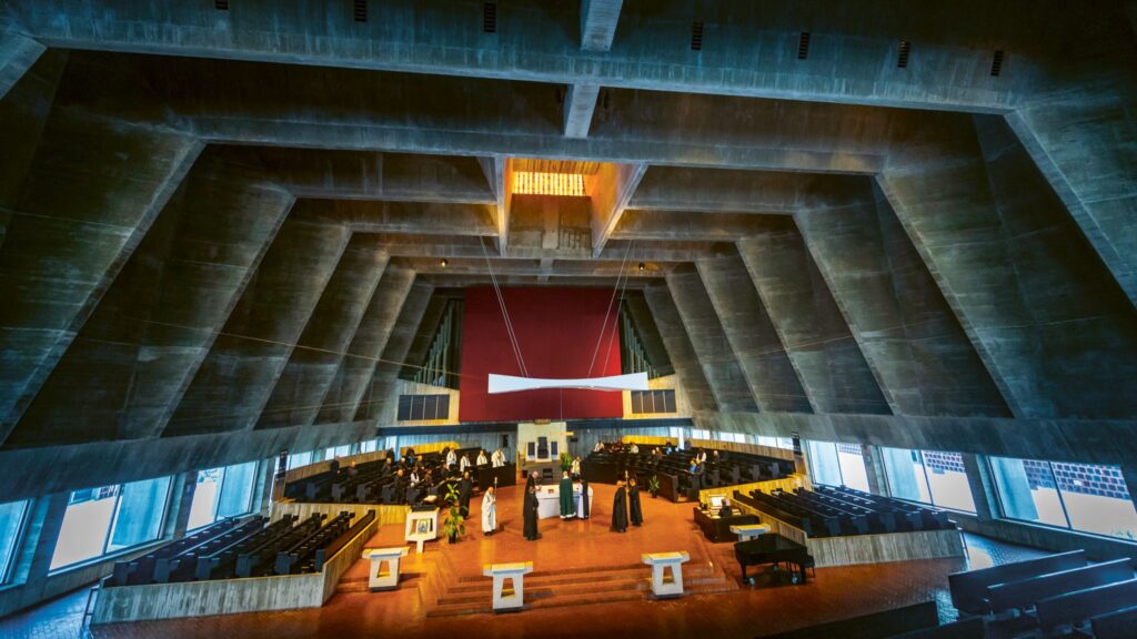 Monks gather for the 5 pm mass at Saint John’s Abbey, Collegeville, Minnesota, home to several Brutalist works by the Modernist Bauhaus architect Marcel Breuer, 18 February 2025