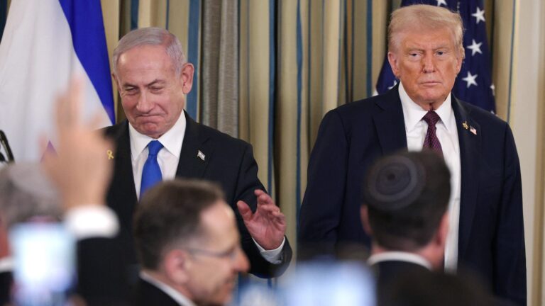 President Donald Trump (R) and Israeli Prime Minister Benjamin Netanyahu leave at the end of a joint news conference in the State Dining Room at the White House on September 29, 2025 in Washington, DC.