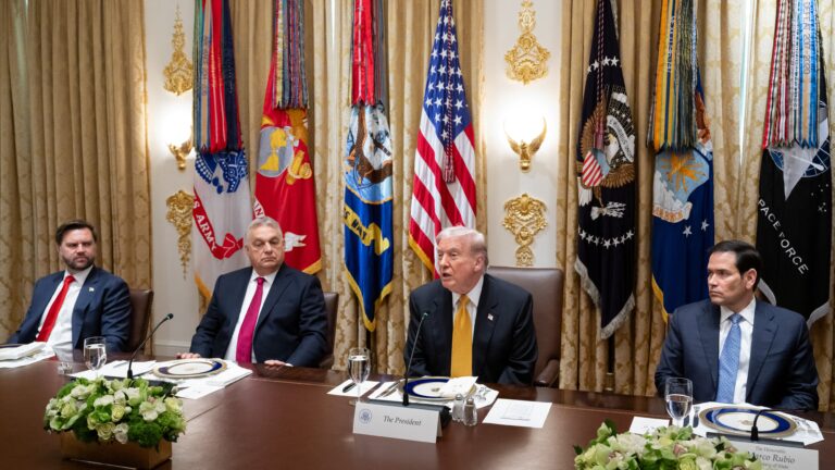 S President Donald Trump, alongside Secretary of State Marco Rubio (R) and Vice President JD Vance (L), speaks during a meeting with Hungarian Prime Minister Viktor Orban (2L) in the Cabinet Room of the White House in Washington, DC on November 7, 2025.