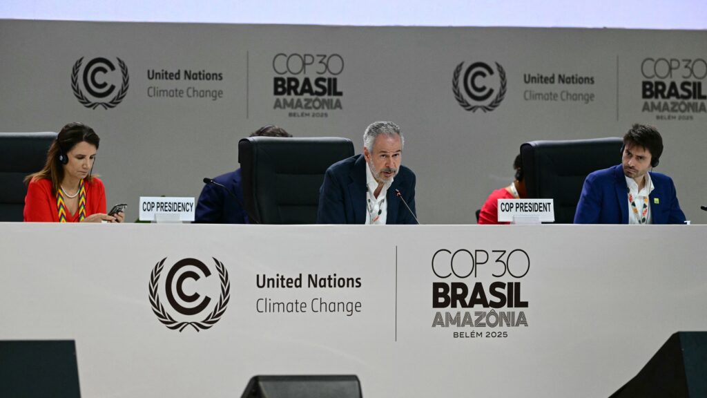 COP30 President Andre Correa do Lago (C) speaks during a plenary session of the COP30 UN Climate Change Conference in Belem, Para state, Brazil on November 21, 2025.