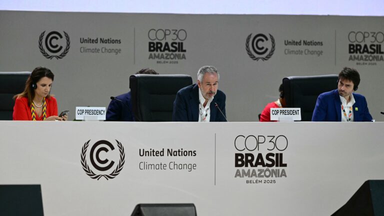 COP30 President Andre Correa do Lago (C) speaks during a plenary session of the COP30 UN Climate Change Conference in Belem, Para state, Brazil on November 21, 2025.