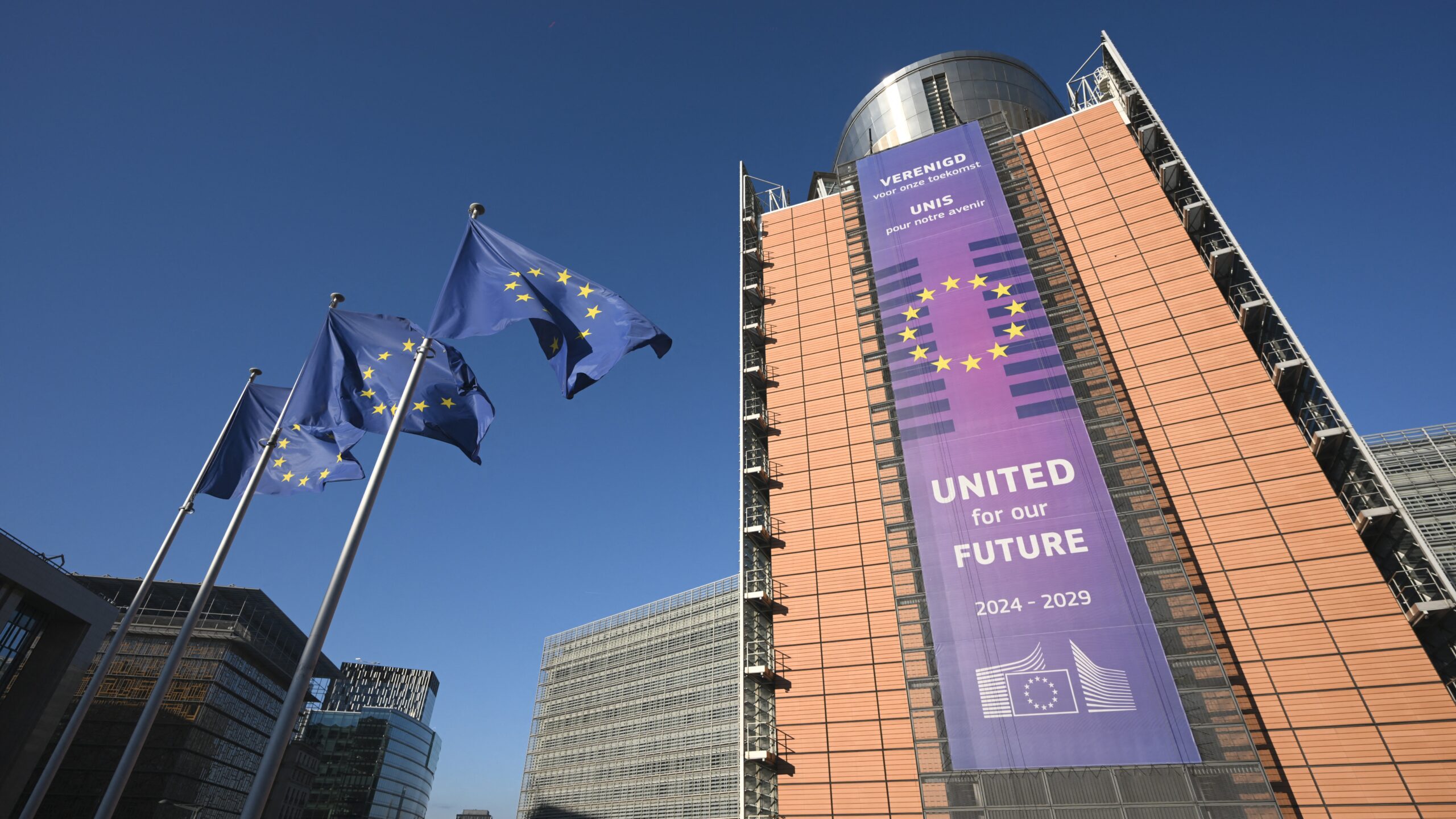 This photograph shows an outside view of the Berlaymont building, the European Union Commission headquarters, in Brussels on December 15, 2025.