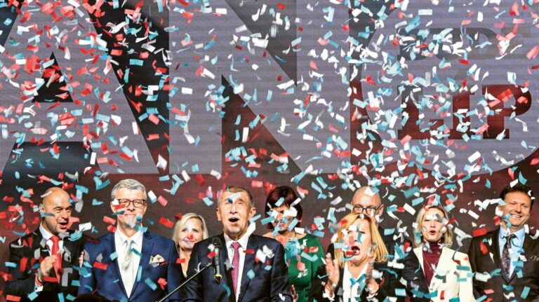 Andrej Babiš (CL), prime minister of the Czech Republic and leader of the ANO movement, with fellow party members during the parliamentary elections in Prague, Czech Republic, 4 October 2025