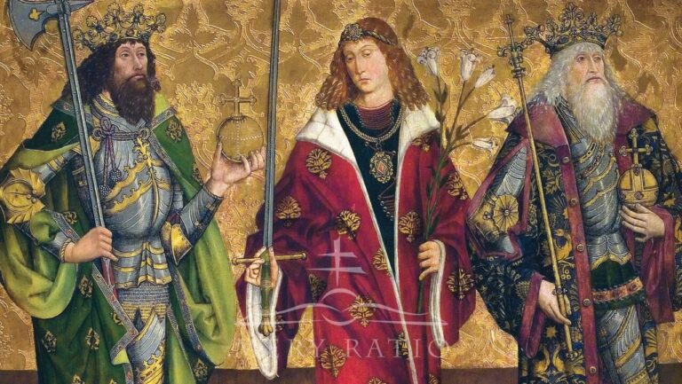 The Hungarian Holy Kings (Saint Ladislaus, Saint Emeric, and Saint Stephen). Painting from the altar of the church of Szepeshely (Spišská Kapitula, today’s Slovakia), 1478