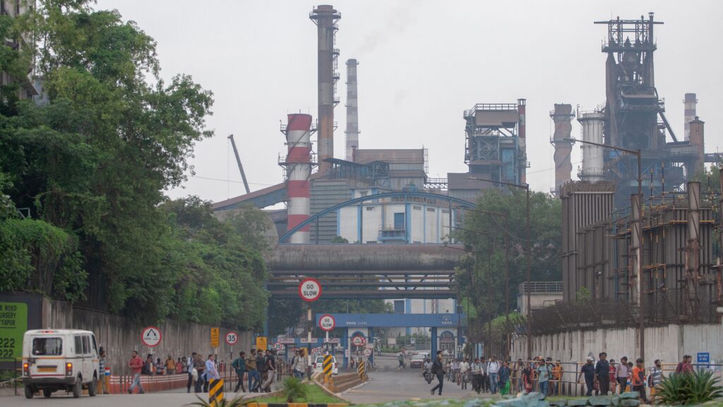 Tata Steel's integrated steelworks and entrance gate are seen in Jamshedpur, India, on May 30, 2025. The plant continues full-scale output as the company transitions to electric arc furnace technology at its European sites in the UK and the Netherlands