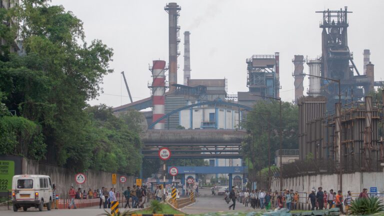Tata Steel's integrated steelworks and entrance gate are seen in Jamshedpur, India, on May 30, 2025. The plant continues full-scale output as the company transitions to electric arc furnace technology at its European sites in the UK and the Netherlands