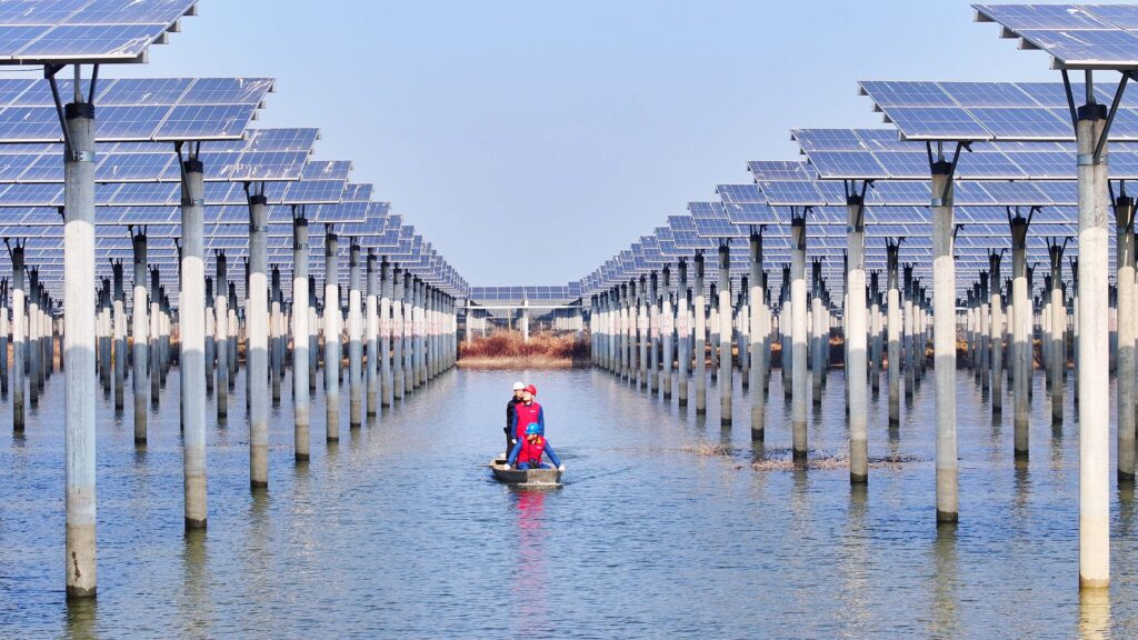 Power workers conduct inspection tours of the operating power generation facilities at the 1.5 million kilowatt ''FISHER-Solar hybrid project'' photovoltaic power station by Yanghu Lake in Qinlan Town, Tianchang City, Anhui Province, China, on January 12, 2026