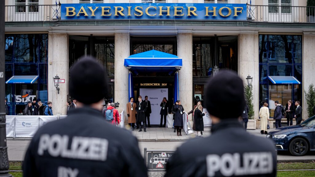 View of the heavily guarded Hotel Bayrischer Hof, where the 62nd Munich Security Conference (MSC) will take place from 13.02.-15.02.2026