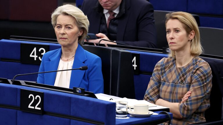 European Commission President Ursula von der Leyen (L) and EU's High Representative for Foreign Affairs and Security Policy Kaja Kallas react during a debate on the conclusion of the European Council meeting of 18-19 December 2025, at the European Parliament in Strasbourg, eastern France, on January 21, 2026.