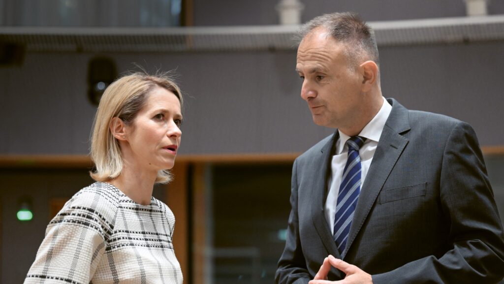 Estonian politician and diplomat Kaja Kallas (L) talks to European Defence Agency Chief Executive André Denk before the start of a Foreign Affairs Council of Defence meeting in Brussels, Belgium, 12 May 2026